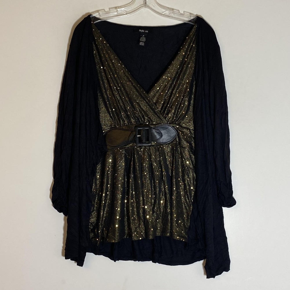 Style & Co Tunic Top Womens Medium Black Gold Belted Glitter V Neck Party Shirt